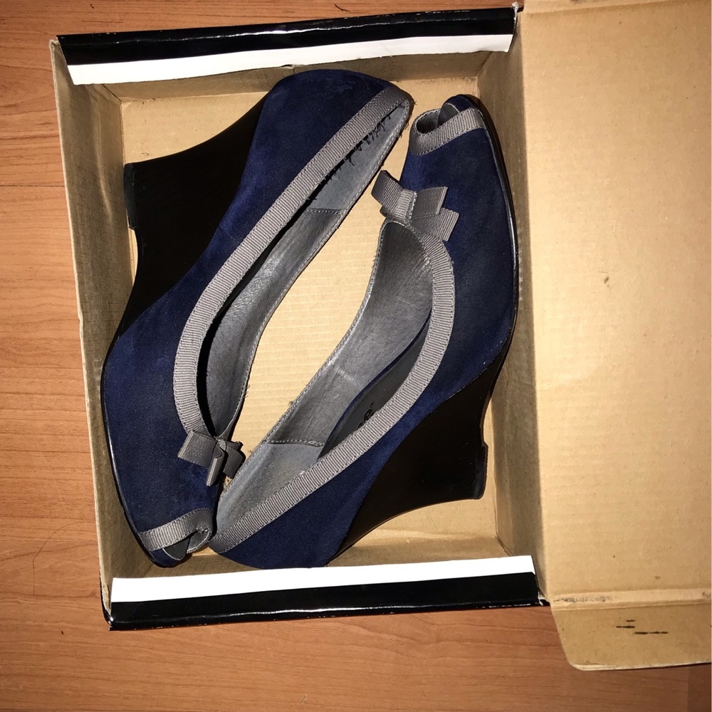 Navy Blue Peep Toe Wedges